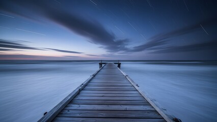 Fototapeta premium Long exposure photograph of an old wooden pier extending into the ocean under a twilight sky filled with stars and streaking clouds