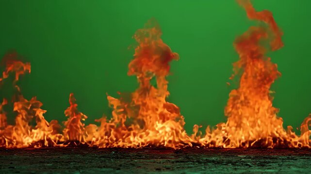 Fire flames burning vividly on edge of green screen creating a dramatic firestorm effect for production and visual projects