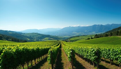 Expansive green vineyard rows stretch towards distant mountains under a clear blue sky. Lush grapevines cover rolling hills, creating a beautiful rural landscape perfect for travel or wine tourism.