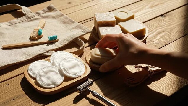 Sustainable Bathroom Essentials Laid Out on Wooden Surface.