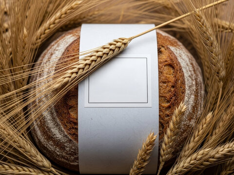 Artisan sourdough bread wrapped in blank label, surrounded by wheat stalks, grains, and oats.