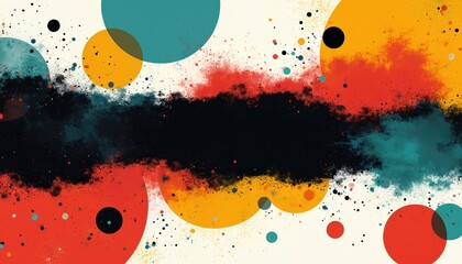 Colorful abstract background with circles, dots, paint splatters. Dynamic composition with bold shapes, vibrant hues. Offers playful, modern, artistic design elements. Great for creative projects.