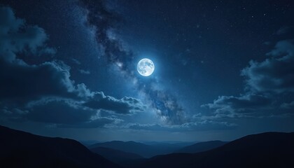 Night sky with full moon, stars shining brightly. Dark mountain range silhouette under cloudy sky. Milky way visible in distance. Moonlight illuminates clouds, landscape. Serene natural scenery at