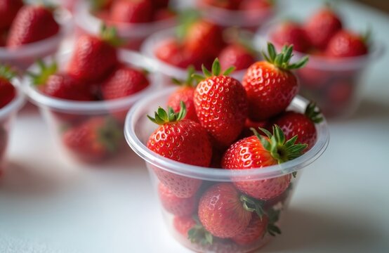 Fresh ripe strawberries packed in clear plastic cups. Bright red berries fill transparent containers, ready for sale. Natural, healthy fruit portions arranged for takeaway purchase. - Powered by Adobe