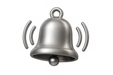 Silver 3d bell icon ringing, representing notifications, alerts, and service announcements. Transparent background