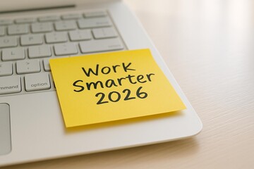 Boost Productivity: "Work Smarter 2026" Life Quote on a Sticky Note for Motivation