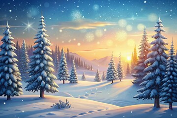 Magical winter sunset over snow covered pine forest landscape