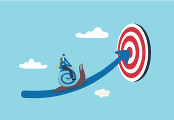 Slow business progress, laziness or procrastination, unproductive or efficiency concept, tried businessman riding snail slow walking on arrow to reach target © Premium art