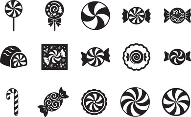   Christmas candy icons with peppermint swirl patterns, festive bold silhouette vector set.