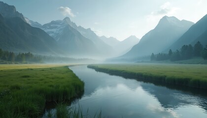 Misty mountain range mirrors in calm river flowing through green grassy meadow. Tall pine trees line distant forest edge under clear blue sky. Peaceful natural environment.