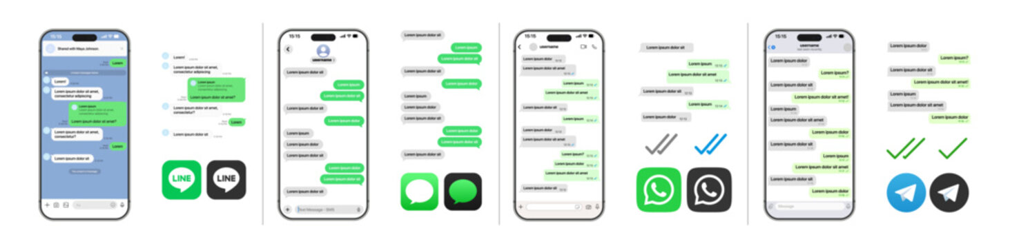 Messaging Apps UI showing WhatsApp Imessage Line Telegram with detailed chat bubbles reactions media attachments send buttons username display timestamps and logos in modern mobile vector illustration