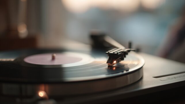 Close-up of a turntable with a vinyl record on it. the record is in the center of the image, with the needle pointing towards the right side of the record. - Powered by Adobe