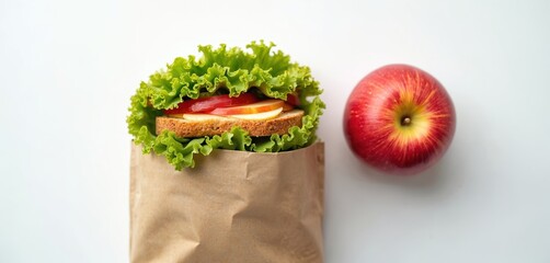 Veggie sandwich with crisp lettuce, sliced tomato, sweet apple in brown paper bag. Vibrant red fruit sits beside on white background. Wholesome packed meal ready to eat for school, office, picnic,