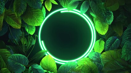 Bright green neon circle surrounded by lush tropical leaves creates an eye-catching focal point in a vibrant nature setting - Powered by Adobe
