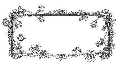 Elegant botanical frame with roses and thorns in a detailed gothic style illustration