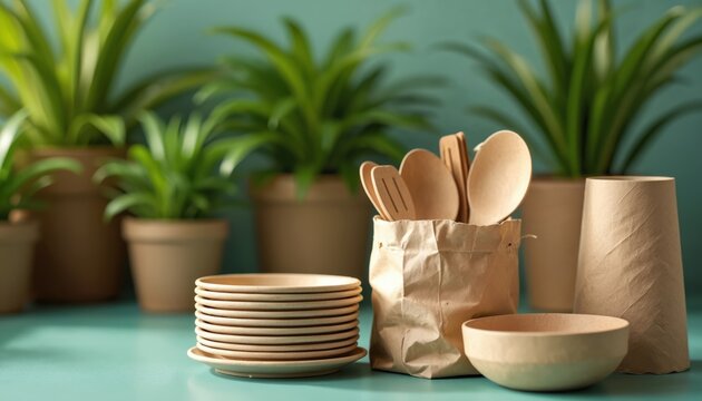 Eco friendly disposable tableware made from paper, bowls, cups, plates, utensils. Biodegradable products background green plants. Natural materials concept. Zero waste lifestyle.
