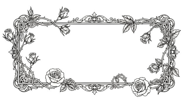 Elegant botanical frame with roses and thorns in a detailed gothic style illustration
