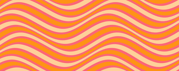 Wavy Swirl Seamless Pattern in Orange and Pink Colors. Hand-Drawn Vector Illustration. Seventies Style, Groovy Background, Wallpaper, Print. Flat Design, Hippie Aesthetic.