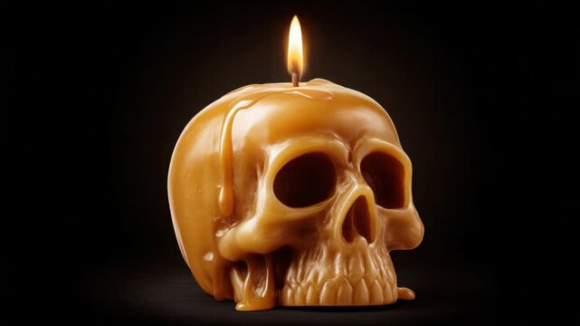 Realistic Wax Skull Candle with Flame on Top Set Against a Dark Background 4k video footage
