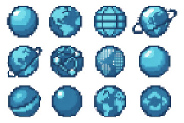 Pixel art globe icons set for global business and communication. 8-bit world symbols representing internet, network, and teamwork.