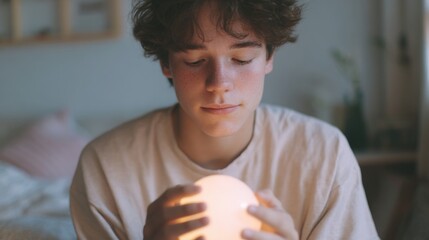Young boy sitting on a bed, holding a small white ball in his hands. he is wearing a white t-shirt and has curly brown hair.