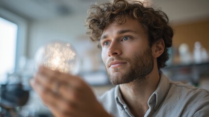 Close-up portrait of a young man with curly hair and a beard. he is wearing a grey collared shirt and is looking up at the sky with a thoughtful expression on his face.