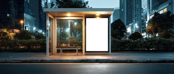 Empty modern bus stop with blank billboard and city skyline at dusk