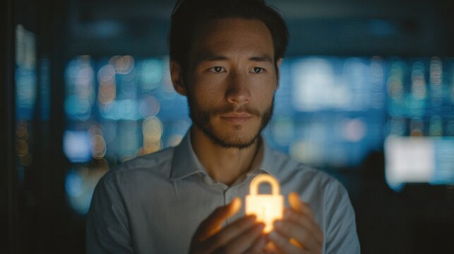 Young man with a beard and mustache, holding a small padlock in his hands. he is wearing a light blue collared shirt and is standing in front of a window with a view of a city skyline at night.