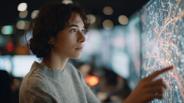 Young woman with curly hair, wearing a grey sweater, looking up at a large screen with a futuristic interface on it. - Powered by Adobe