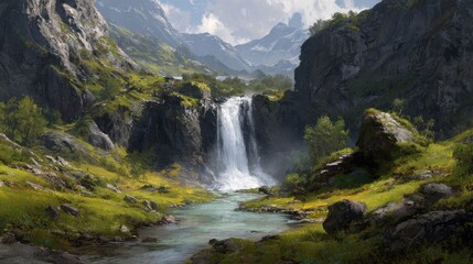 Obraz premium Majestic waterfall cascading into a pristine river amidst lush green mountains and dramatic cliffs under a serene sky