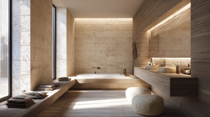 Luxurious modern bathroom interior with travertine stone walls, natural wood accents, twin stone sinks, and ambient lighting