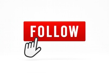 Red button with the word follow and a cursor hand pointing to it on a white background