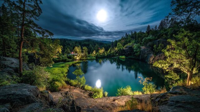 Enchanting fantasy lake under a moonlit sky, bordered by lush forest and glowing with soft light from the nearby trees