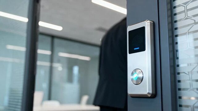 Medium shot of a business professional authenticating identity through a fingerprint reader integrated into a sleek door lock system showcasing secure technology.