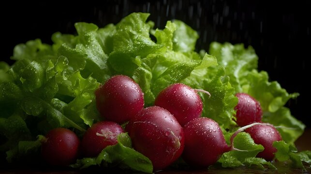 Fresh red radishes and green lettuce leaves glistening with water droplets against a dark backdrop