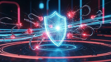 Digital shield protecting against virus attached to hooks in a futuristic background