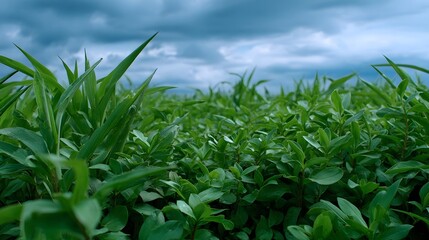 Fototapeta premium Lush green vegetation stretches towards a dramatic cloudy sky