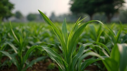 Obraz premium Young green corn plants growing in a lush field at dawn with soft morning light