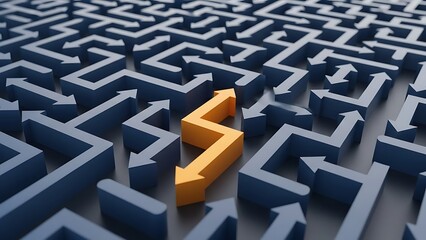 A maze of blue arrows with a single zigzagging golden arrow pointing up and down in the center