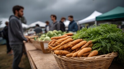 Fresh carrots displayed in a basket at an outdoor farmer s market with shoppers in the background