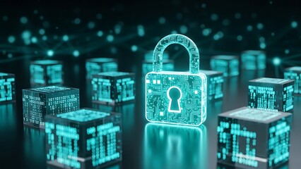 Glowing padlock with circuit board design surrounded by data cubes on a dark surface