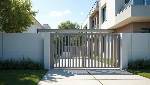 Modern aluminum automatic sliding gate at entrance to private residence. Minimalist architecture with concrete fence and lush green garden. Safe home access.