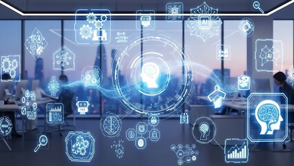 Artificial intelligence interface overlaying a modern office with city skyline view behind it