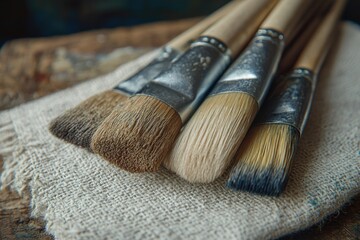 Close-up of assorted natural bristle paintbrushes with wooden handles and metal ferrules resting on a rustic linen cloth, ready for creative work.