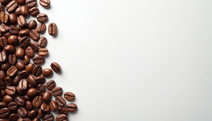 Roasted coffee beans form a border on a white surface. The aromatic, brown seeds suggest a rich, energizing beverage perfect for morning. This offers ample space for text or branding.