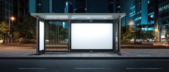 Modern bus stop shelter with blank billboards in an illuminated urban city at night, showcasing architectural glass and vibrant streetlights