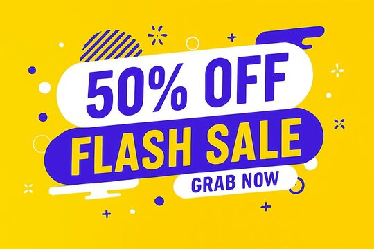 Bright yellow background with bold text announcing a fifty percent off flash sale with a grab now call to action - Powered by Adobe