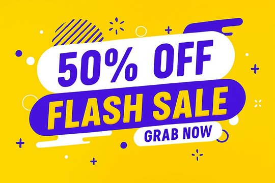 Bold 50 percent off flash sale announcement with grab now call to action on vibrant yellow background