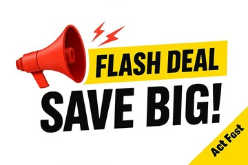 Red megaphone announcing a flash deal with the message save big and act fast on a white background