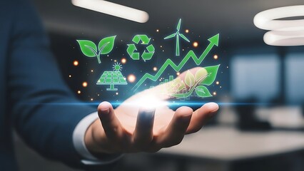 Hand holding green energy icons representing sustainability and environmental consciousness trend